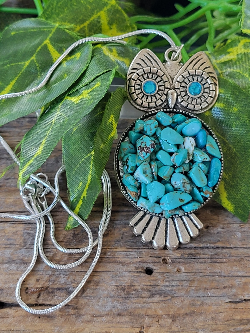 Turquoise Chip Owl Pendant Necklace With Stunning Blue Rhinestone Eyes